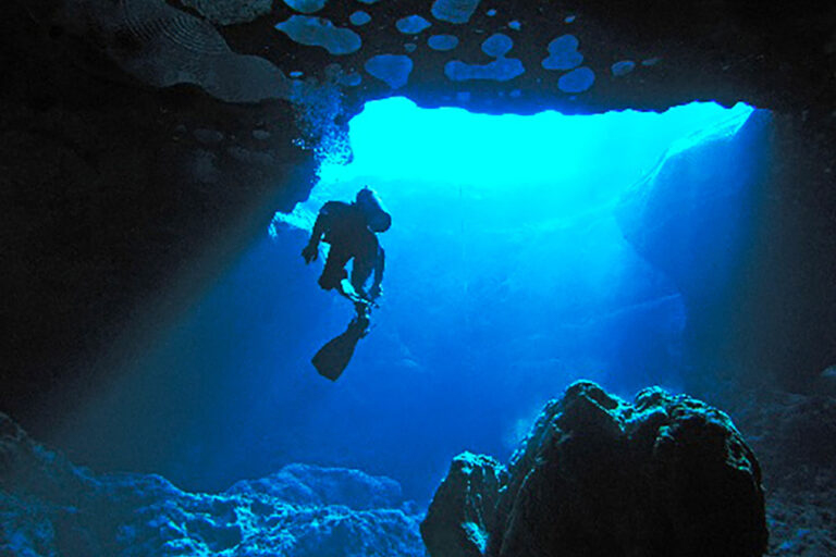 Image of a scuba diver cave diving at the mouth of the cave.