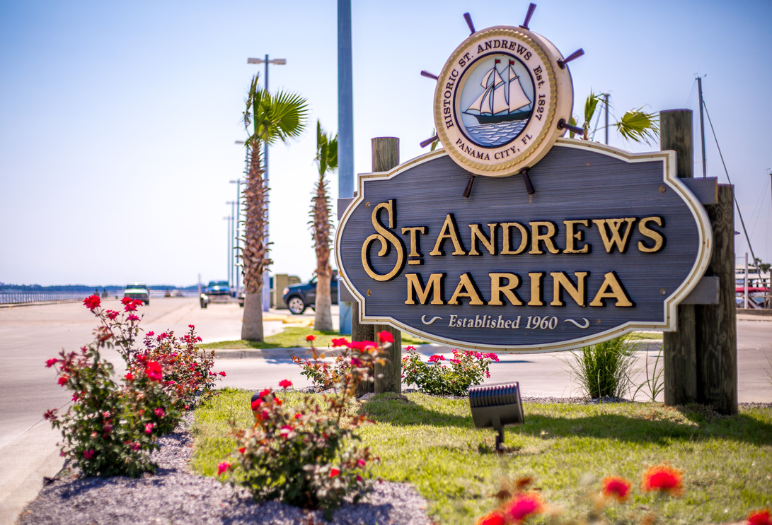 The St. Andrews Marina sign at the entry of the marina.