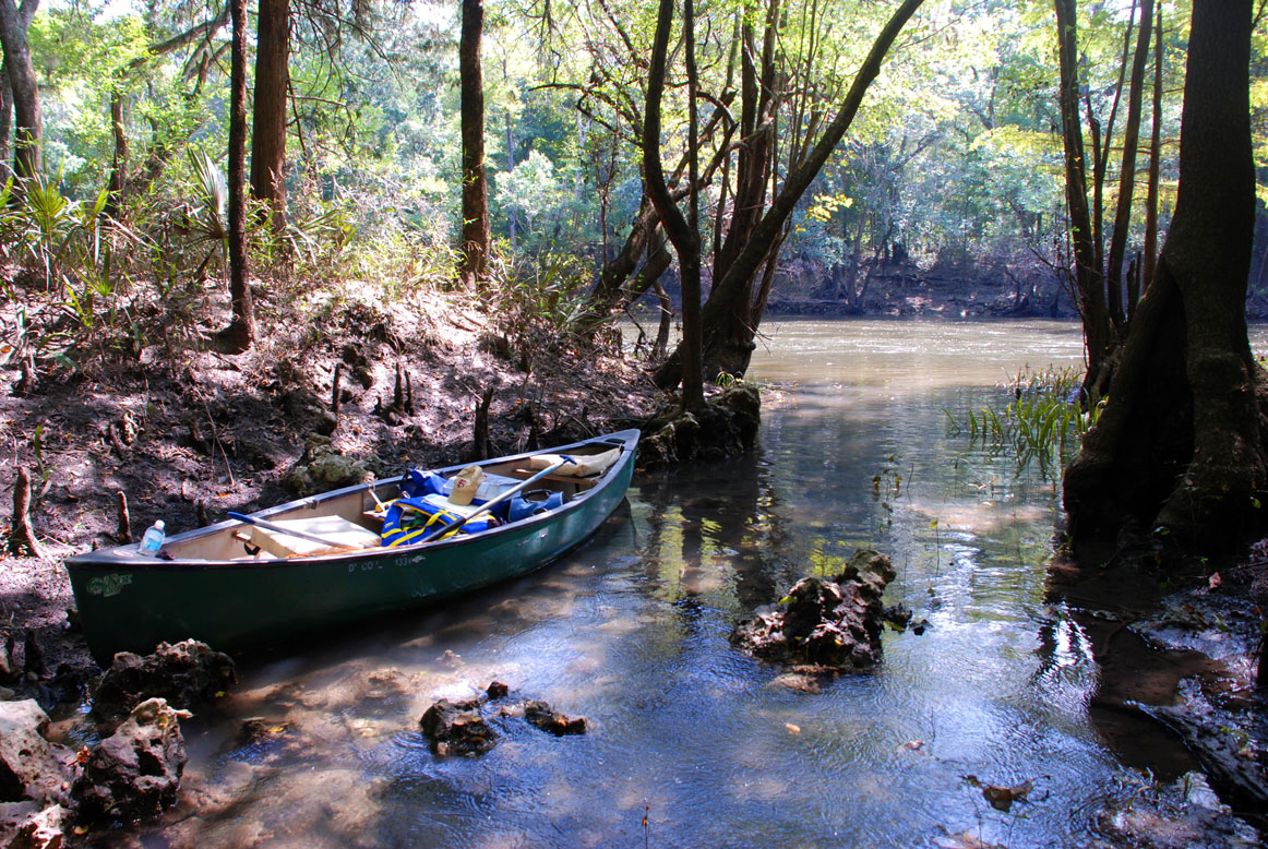 Image of a canoe against a river bank.