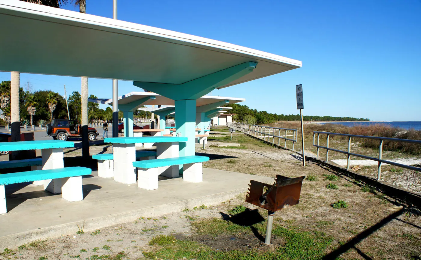 Image of retro picnic area overlooking the water in Carrabelle Florida.