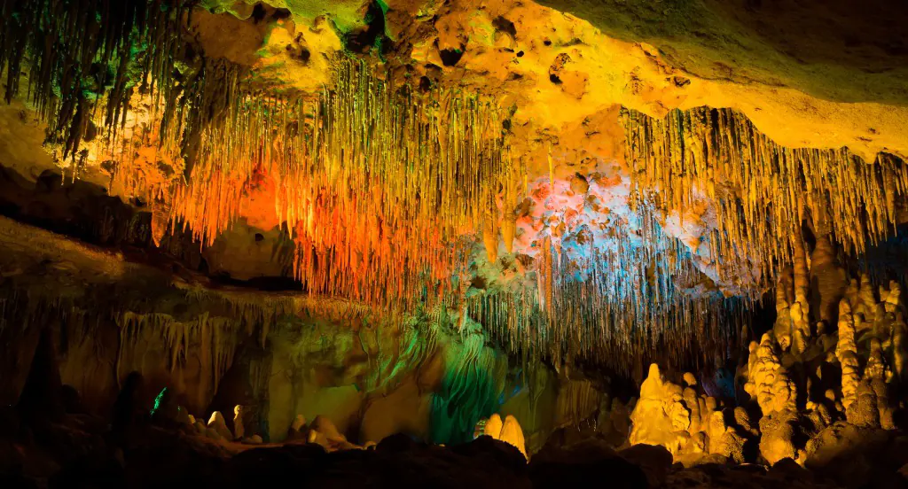 colored lights in the cave at florida caverns state park